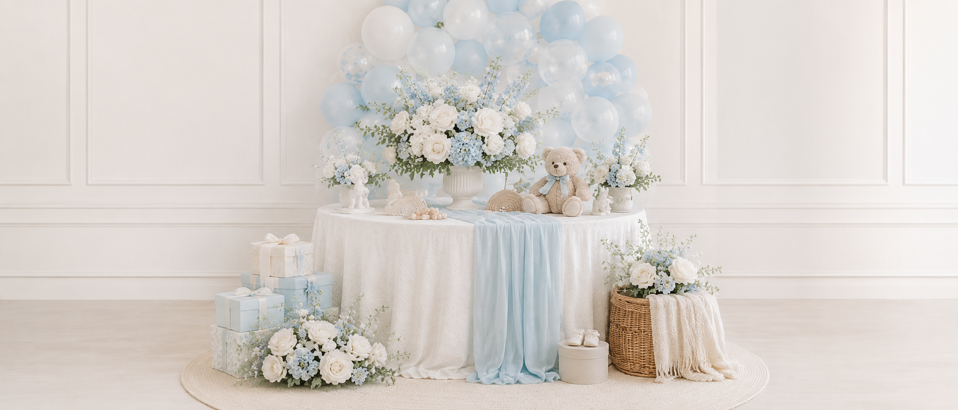 Baby Blue baby shower styling with pale blue balloons and elegant table decor
