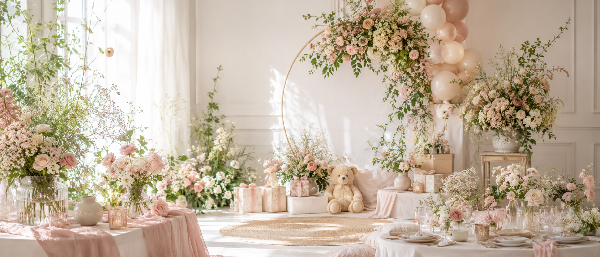 Baby in Bloom baby shower styling with soft florals greenery and pastel decor