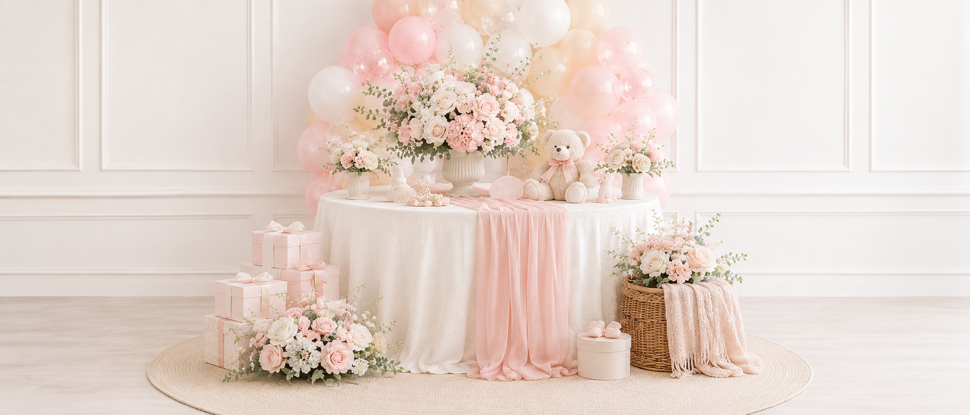 Blush Pink baby shower decor with soft pink balloons flowers and table styling