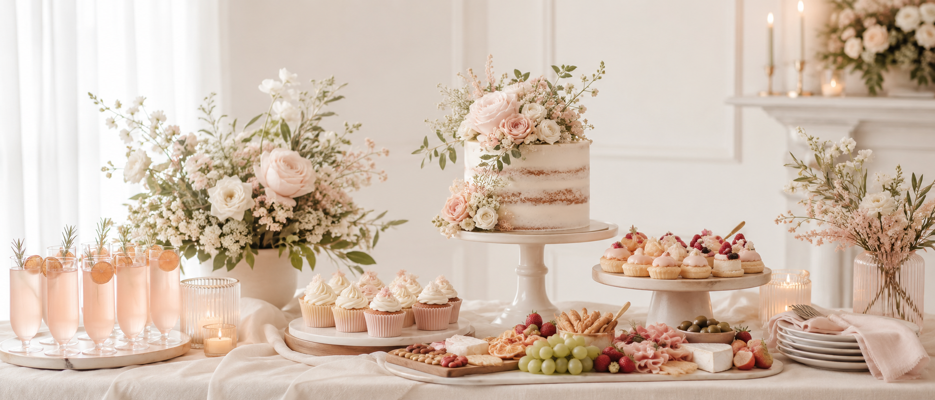 Baby shower food drinks cupcakes cake and mocktails display in soft pastel styling