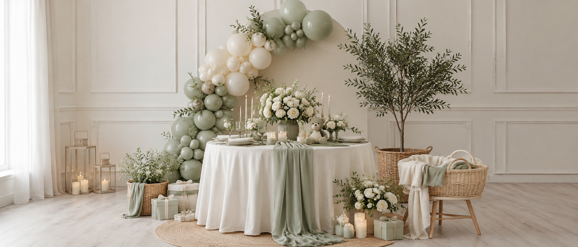 Sage and cream baby shower styling with greenery natural textures and soft decor