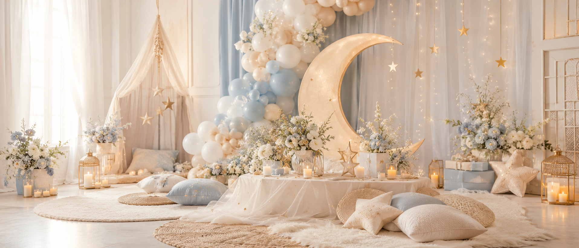 Moons and Stars baby shower theme with celestial decor soft lighting and pastel balloons