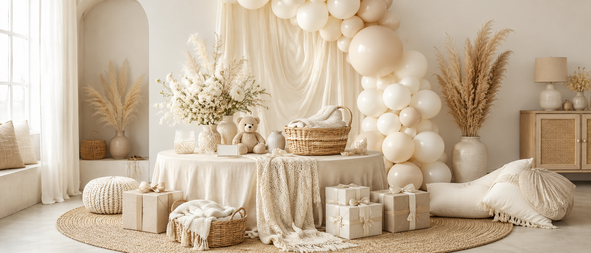Neutral baby shower decor with cream beige linen wicker and soft baby styling