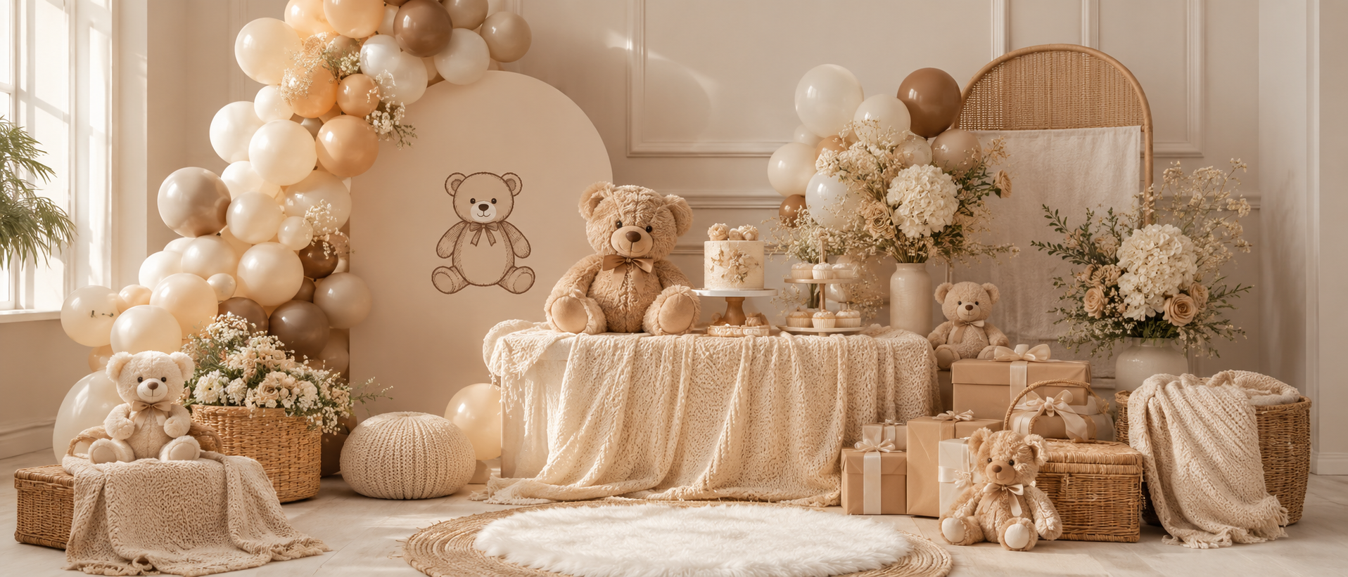 Teddy Bear baby shower decor with neutral balloons teddy bears and cosy styling