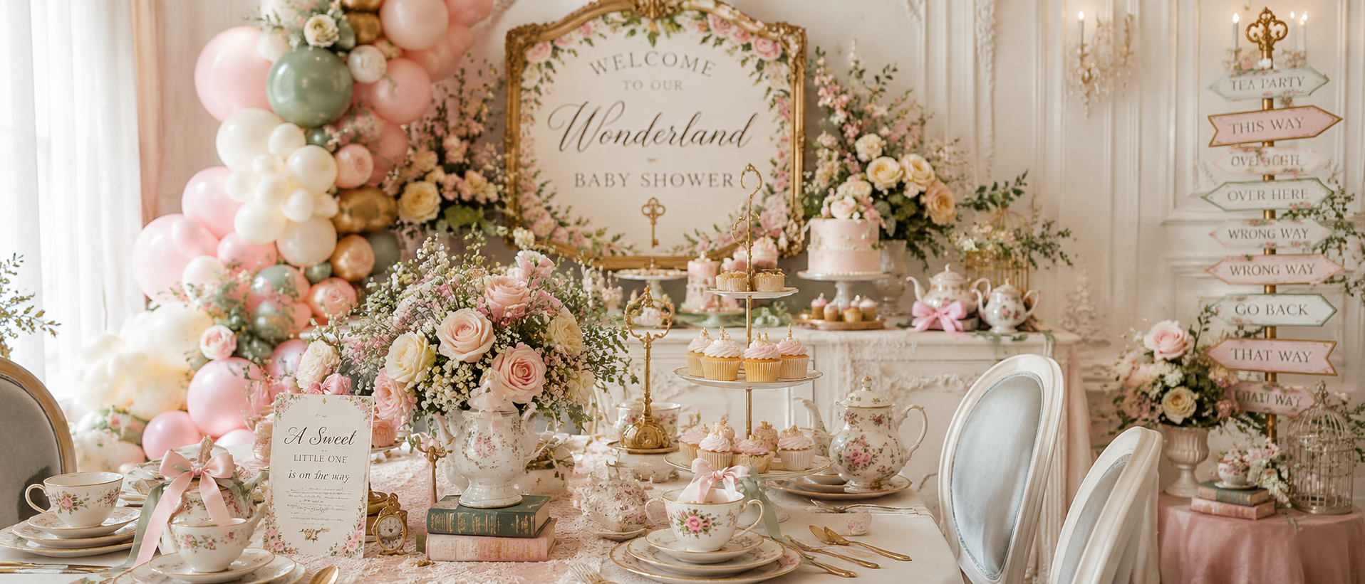 Wonderland baby shower tea party styling with florals pastel decor and elegant tableware
